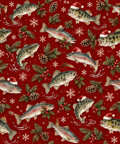 Red Christmas wrapping paper with largemouth bass and rainbow trout, some in Santa hats, pine branches, pinecones, berri