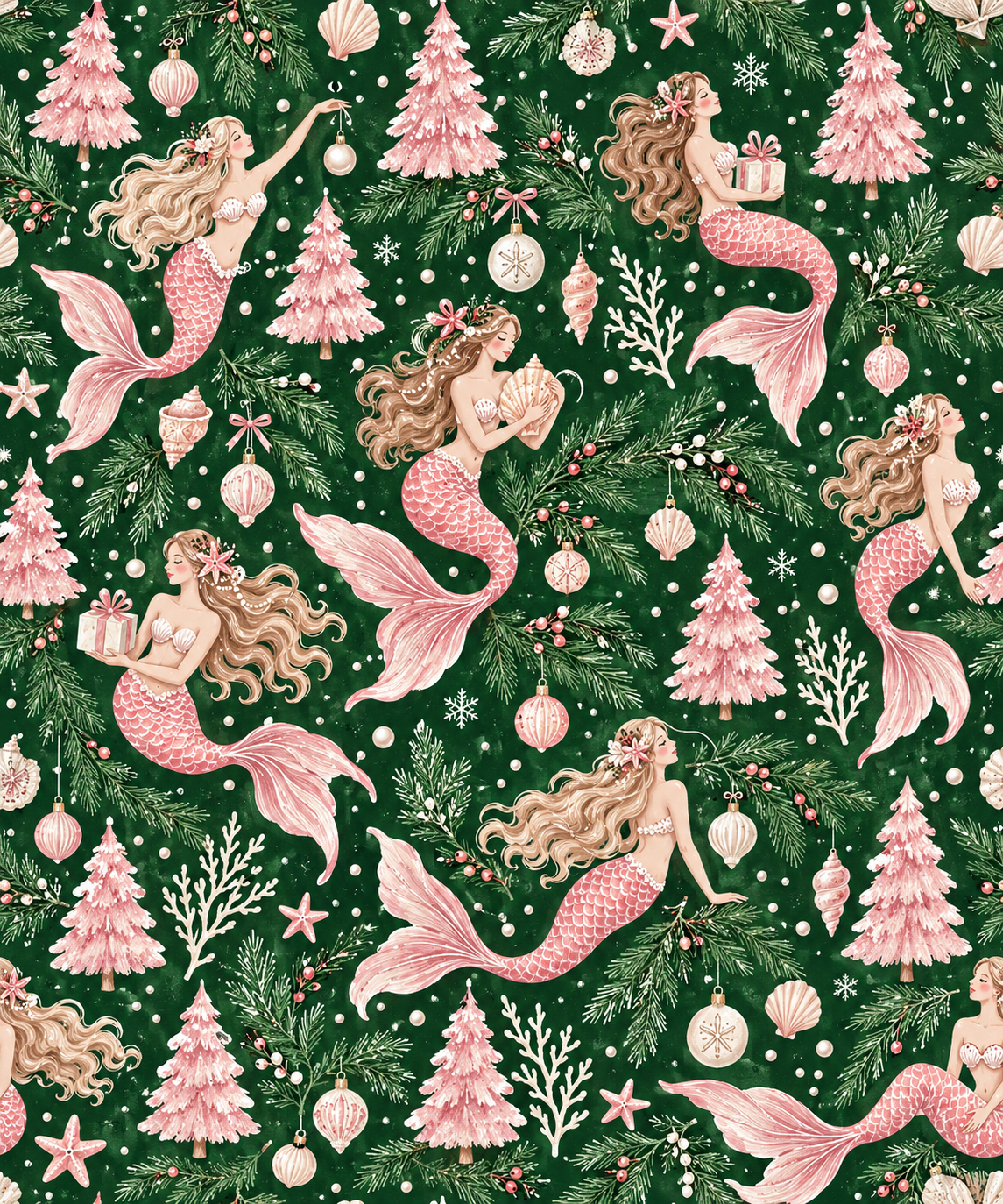 Dark green wrapping paper with pink-tailed mermaids, pink Christmas trees, starfish and snowflakes in a seamless pattern