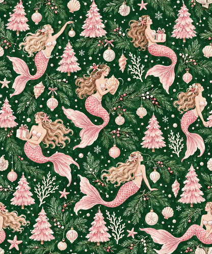 Dark green wrapping paper with pink-tailed mermaids, pink Christmas trees, starfish and snowflakes in a seamless pattern