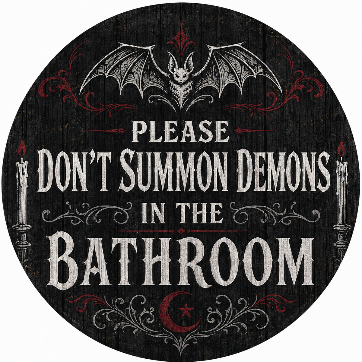 Round wooden sign with bat, filigree, candles and a crescent moon reading PLEASE DON'T SUMMON DEMONS IN THE BATHROOM.
