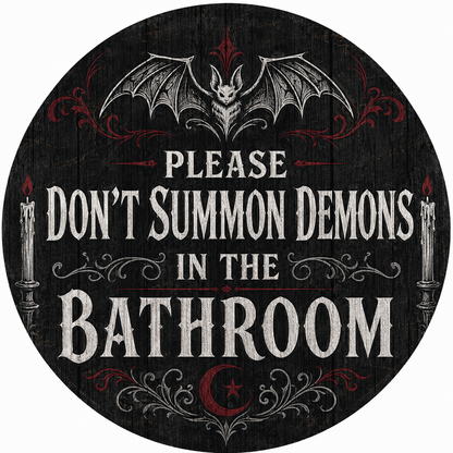 Round wooden sign with bat, filigree, candles and a crescent moon reading PLEASE DON'T SUMMON DEMONS IN THE BATHROOM.