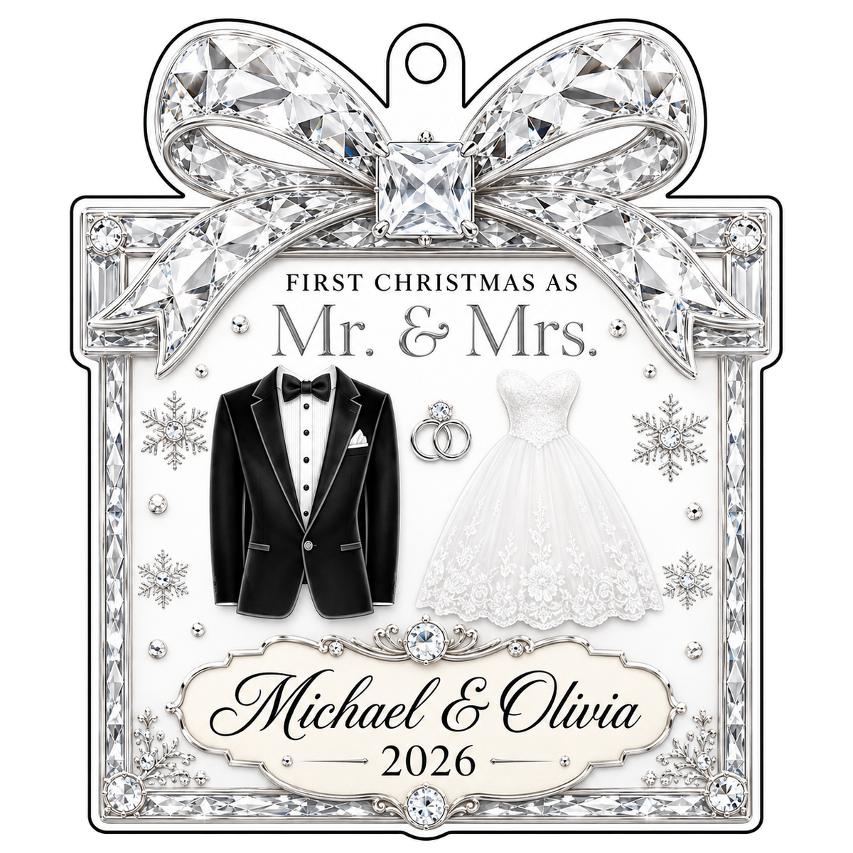 Clear acrylic gift-box ornament with jeweled bow, tuxedo jacket, wedding gown, silver rings and a silver banner.