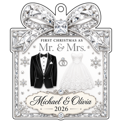 Clear acrylic gift-box ornament with jeweled bow, tuxedo jacket, wedding gown, silver rings and a silver banner.