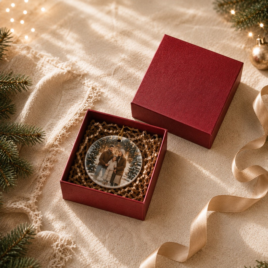 Premium gift box with personalized photo ornament