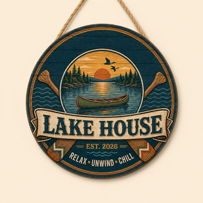 Personalized Lake House Canoe Sunset Round Wooden Hanging Sign