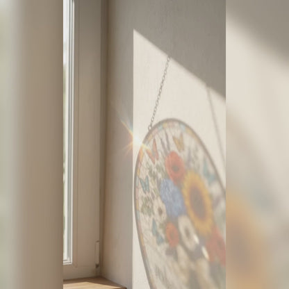 Personalized Sunflower & Butterfly Bouquet Stained Glass Round Suncatcher