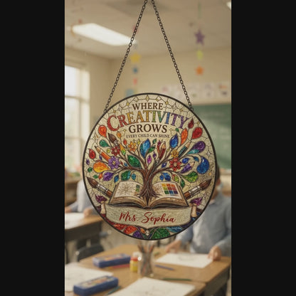 Personalized Tree from Open Book with Art Tools Teacher Stained Glass Round Suncatcher
