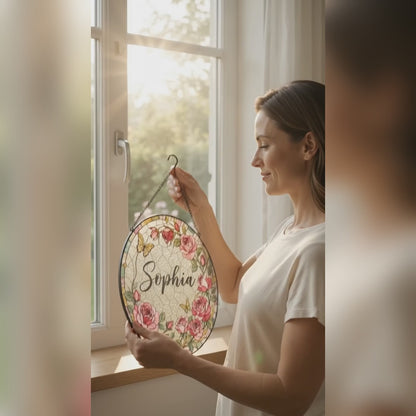 Personalized Pink Roses & Yellow Butterflies Memorial Stained Glass Round Suncatcher