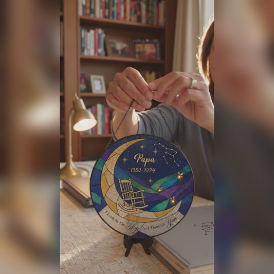 Personalized Crescent Moon Rocking Chair I Look At The Sky Memorial Stained Glass Round Suncatcher