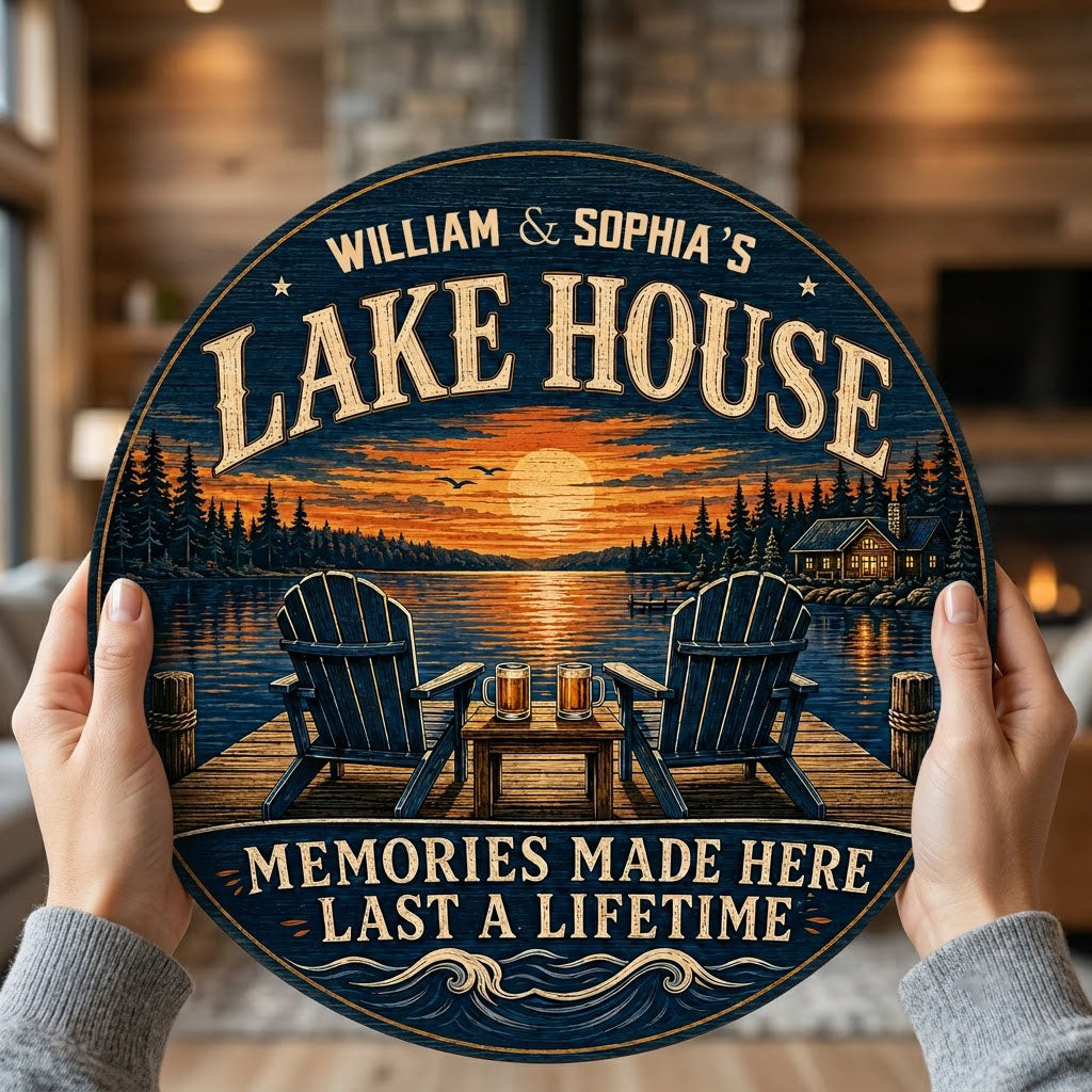 Personalized Lake House Sunset Dock Wooden Hanging Sign