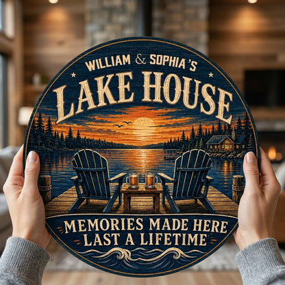 Personalized Lake House Sunset Dock Wooden Hanging Sign